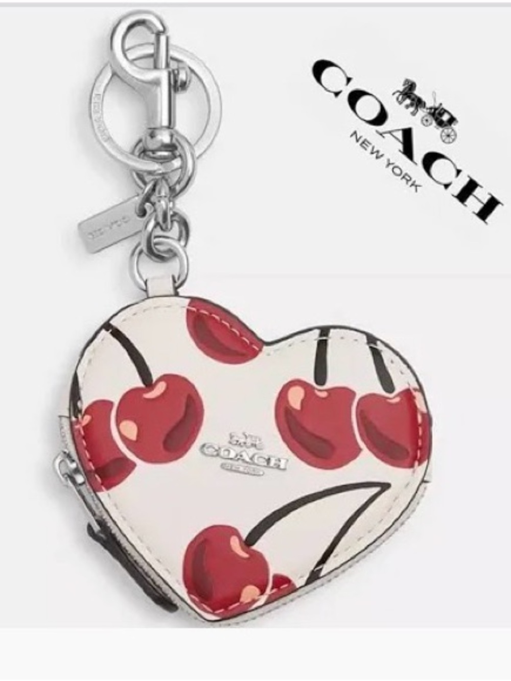Coach Leather Heart Coin Pouch Bag Charm W CZ091 White Cherry Print silver NWT